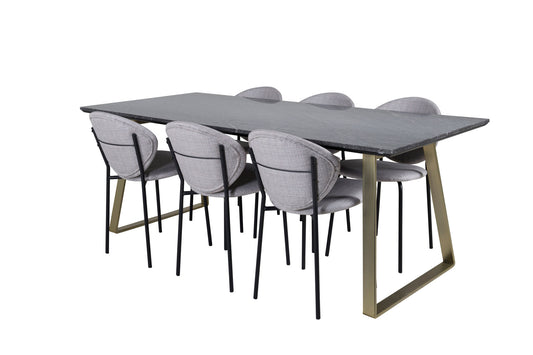 Estelle - Spisebord, 200*90*H76 - Grå / Messing+Vault Spisebordsstol - Sorte ben - Gråt stof