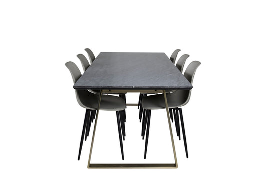 Estelle - Spisebord, 200*90*H76 - Grå / Messing+ Polar Plast Spisebordsstol - Sorte ben / Grå Plast