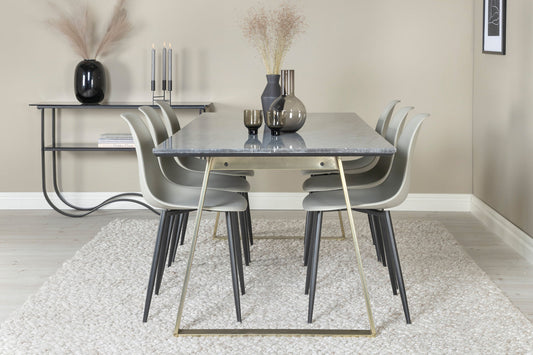 Estelle - Spisebord, 200*90*H76 - Grå / Messing+ Polar Plast Spisebordsstol - Sorte ben / Grå Plast