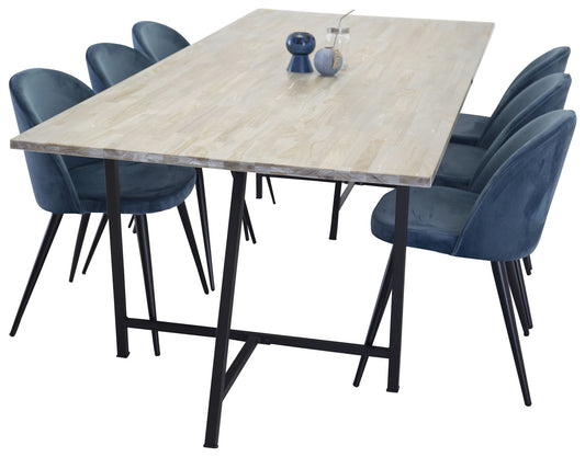 Jepara Spisebord - Grå - 250*100*H76+ velour Spisebordsstol - Sort / Blå