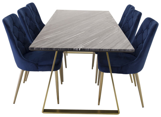 Estelle - Spisebord, 200*90 Grå Marmor / Mat Messing ben - velour Deluxe Stol - Blå/Mat Messing ben