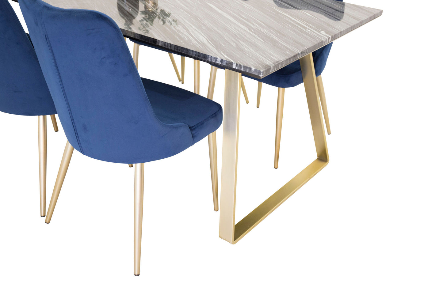 Estelle - Spisebord, 200*90 Grå Marmor / Mat Messing ben - velour Deluxe Stol - Blå/Mat Messing ben