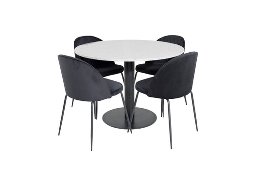 Razzia - Spisebord, ø106cm - Grå / Sort+Wrikles Spisebordsstol - Sorte ben - Sort velour
