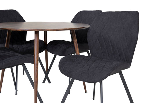 Plaza Rundt bord 100 cm - Valnød top - Valnød ben+Gemma Spisebordsstol - Sorte ben - Sort Stof
