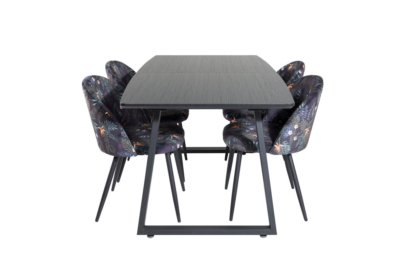 Inca - Bord med forlængelse - Sort top / sort ben+ velour Spisebordsstol - Sort blomsterstof