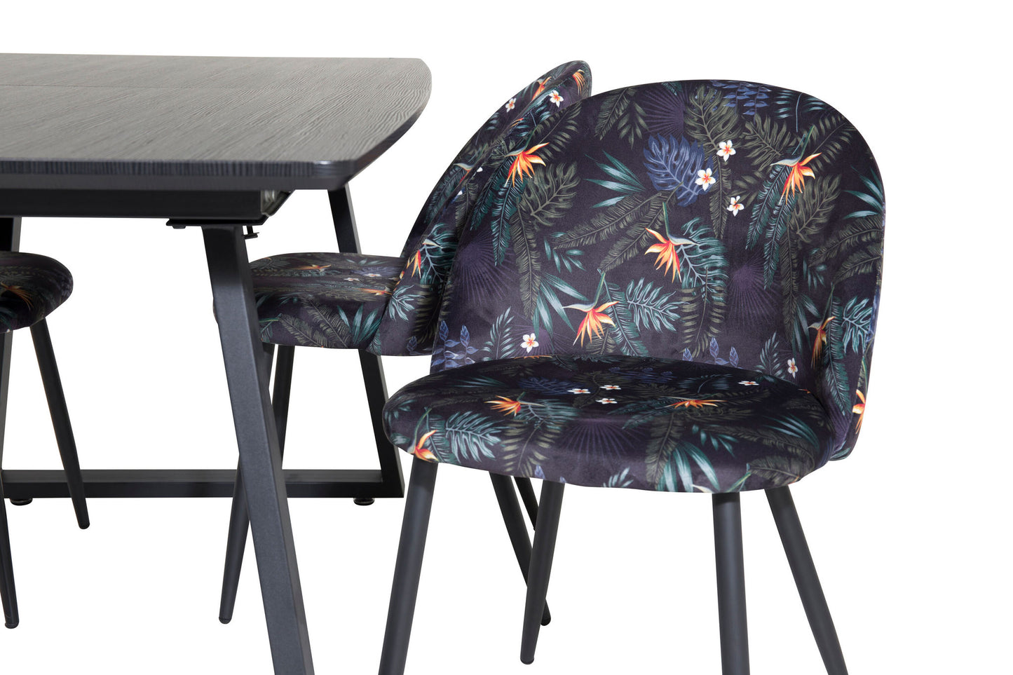 Inca - Bord med forlængelse - Sort top / sort ben+ velour Spisebordsstol - Sort blomsterstof