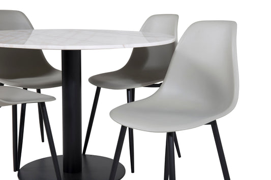 Estelle - Rundt spisebord, ø106 H75 - Hvid / Sort+ Polar Plast Spisebordsstol - Sorte ben / Grå Plast