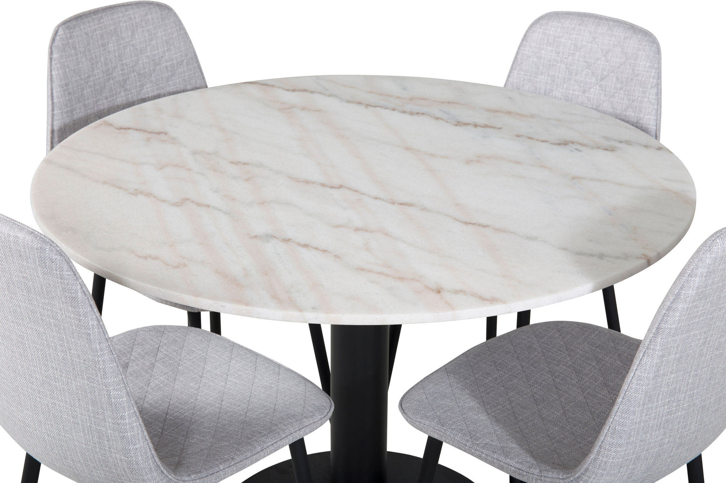 Estelle - Rundt spisebord, ø106 H75 - Hvid / Sort+ Polar Diamond Spisebordsstol - Sorte ben - Gråt stof