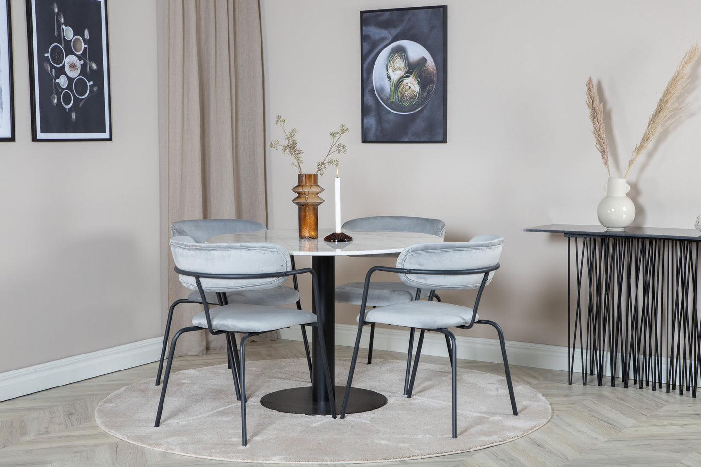 Estelle - Rundt spisebord, ø106 H75 - Hvid / Sort+Arrow armstol - Sorte ben - Grå velour