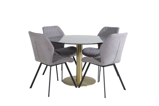 Estelle - Rundt spisebord, ø106 H75 - Sort / Messing+Gemma Spisebordsstol - Sorte ben - Gråt stof