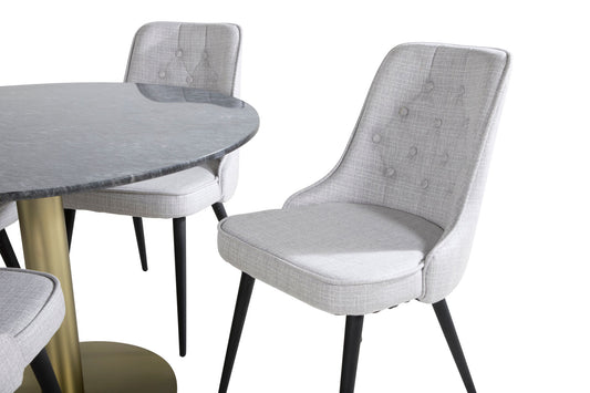 Estelle - Rundt spisebord, ø106 H75 - Sort / Messing+ velour Deluxe Spisebordsstol - Sorte ben - Lysegråt stof