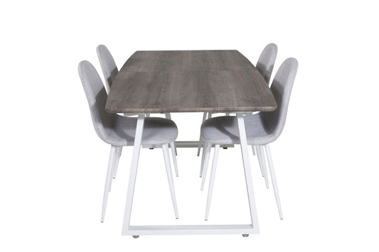 Inca - Bord med forlængelse - grå "eg" / Hvide ben+ Polar Spisebordsstol - Hvide ben - Lysegråt stof