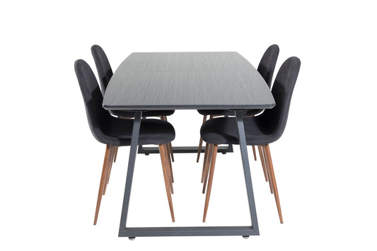 Inca - Bord med forlængelse - Sort top / sorte ben+ Polar Spisebordsstol - Valnød ben - Sort Stof