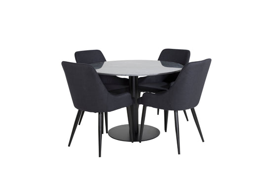 Estelle - Rundt spisebord, ø106 H75 - Sort+ Plaza Spisebordsstol - Sorte ben - Sort Stof