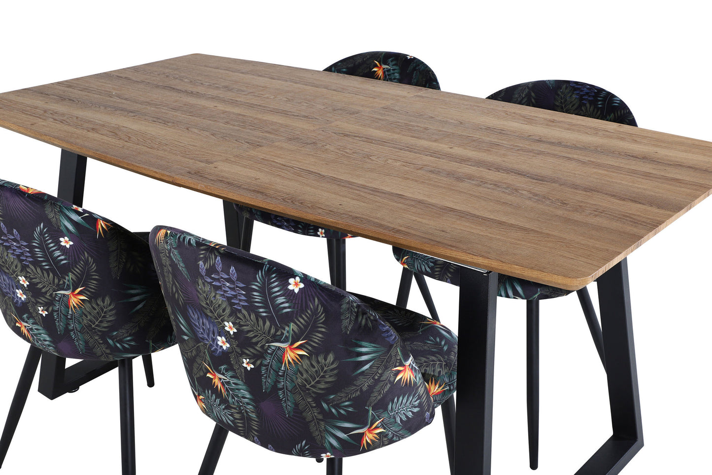 Inca - Spisebord, 160/200*85*H75 - Eg / Sort+ velour Spisebordsstol - Sort blomster stof