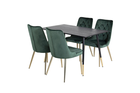 Dipp - Spisebord, 120 cm - Sort finér - Sorte ben m. Messing dipp+ velour Deluxe Spisebordsstol - Grøn / Messing