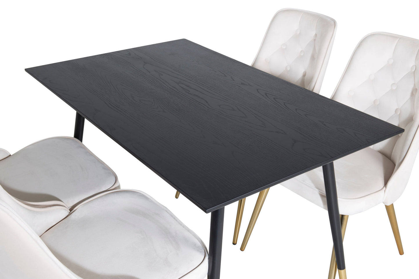 Dipp - Spisebord, 120 cm - Sort finér - Sorte ben m. Messing dipp+ velour Deluxe Spisebordsstol - Beige / Messing