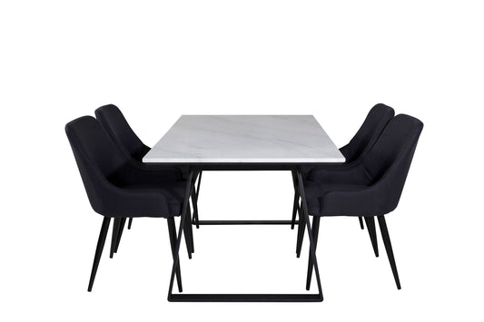 Estelle - Spisebord, 140*90 - Hvid / Sort+ Plaza Spisebordsstol - Sorte ben - Sort Stof