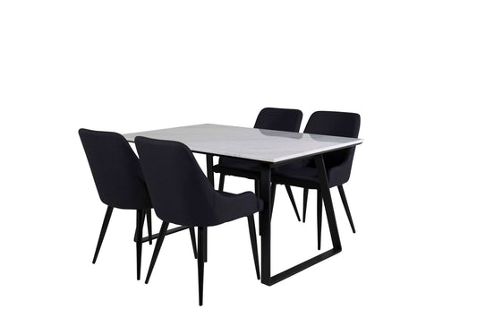 Estelle - Spisebord, 140*90 - Hvid / Sort+ Plaza Spisebordsstol - Sorte ben - Sort Stof