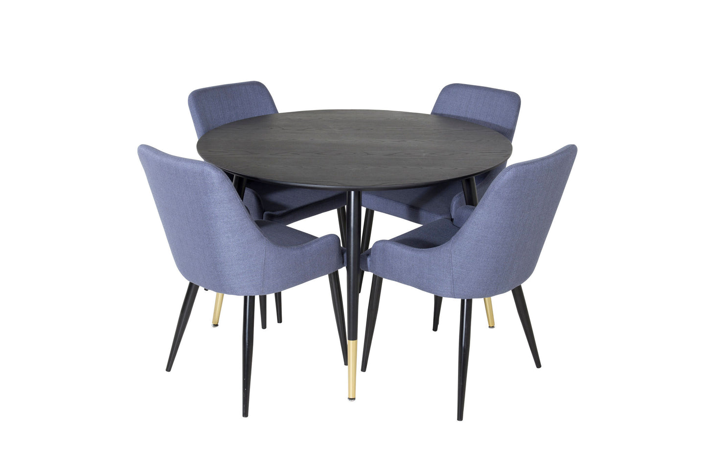 Dipp - Spisebord, 115cm - Sort Messing+ Plaza Spisebordsstol - Sorte ben - Blåt stof