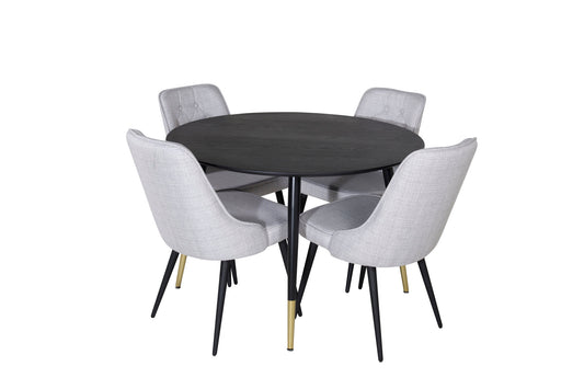 Dipp - Spisebord, 115cm - Sort Messing+ velour Deluxe Spisebordsstol - Sorte ben - Lysegråt stof