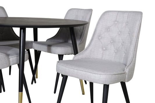 Dipp - Spisebord, 115cm - Sort Messing+ velour Deluxe Spisebordsstol - Sorte ben - Lysegråt stof