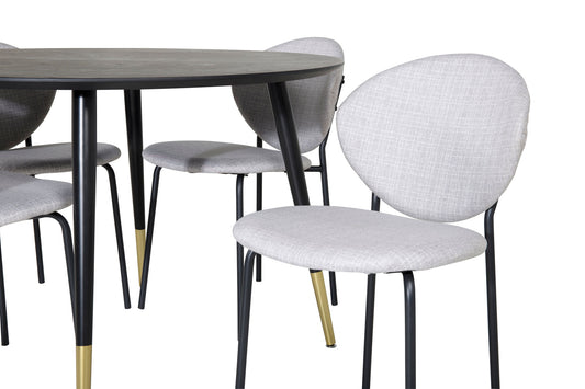 Dipp - Spisebord, 115cm - Sort Messing+Vault Spisebordsstol - Sorte ben - Gråt stof