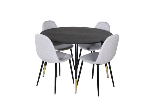 Dipp - Spisebord, 115cm - Sort Messing+ Polar Spisebordsstol - Sorte ben - Lysegråt stof