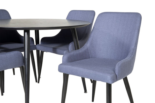 Dipp - Spisebord, 115cm - Sort finér / All sort ben + Plaza Spisebordsstol - Sorte ben - Blåt stof