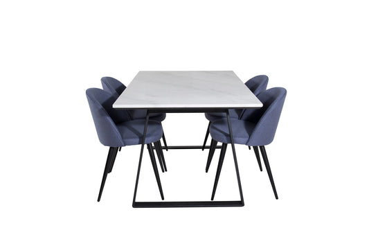 Estelle - Spisebord, 140*90 - Hvid / Sort+ velour Stol - Sorte ben - Blåt stof
