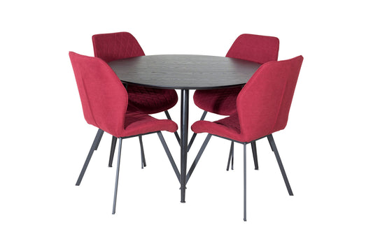 Dipp - Spisebord, 115cm - Sort finér / All sort ben +Gemma Spisebordsstol - Sorte ben - Rødt stof