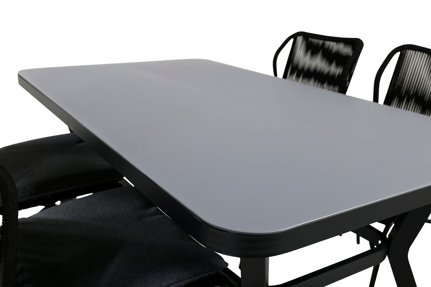 Virya - Spisebord, Sort Alu / Grå glas - small table+Julian Spisebordsstol - Sort Stål / Sort Reb (stabelbar)