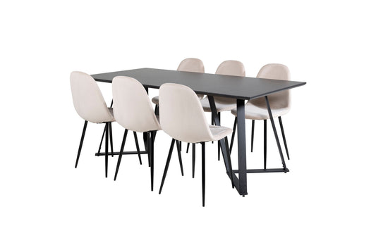 Maria - Spisebord, Sort top / Sorte ben + Polar Spisebordsstol - Sorte ben / Beige velour (ersätter 19902-880)