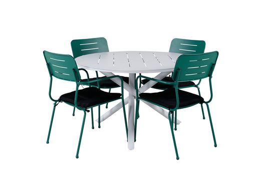 Alma - Spisebord, Hvid Alu - ø120cm+Nicke stol m. armlæn - Grøn Stål