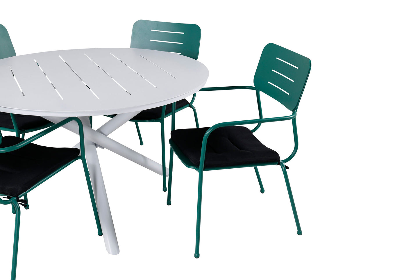 Alma - Spisebord, Hvid Alu - ø120cm+Nicke stol m. armlæn - Grøn Stål