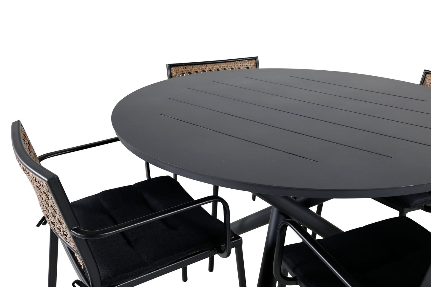 Alma - Spisebord, Sort Alu - ø120cm+ Paola Spisebordsstol - Sort Stål / Natur flet / Sort hynde
