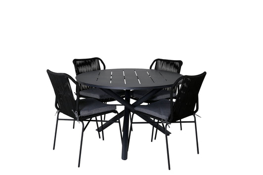 Alma - Spisebord, Sort Alu - ø120cm+Julian Spisebordsstol - Sort Stål / Sort Reb (stabelbar)