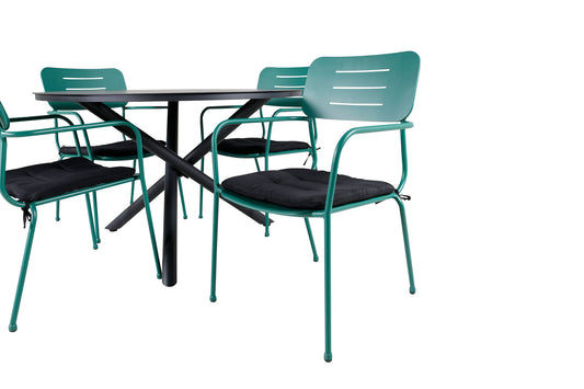 Alma - Spisebord, Sort Alu - ø120cm+Nicke stol m. armlæn - Grøn Stål