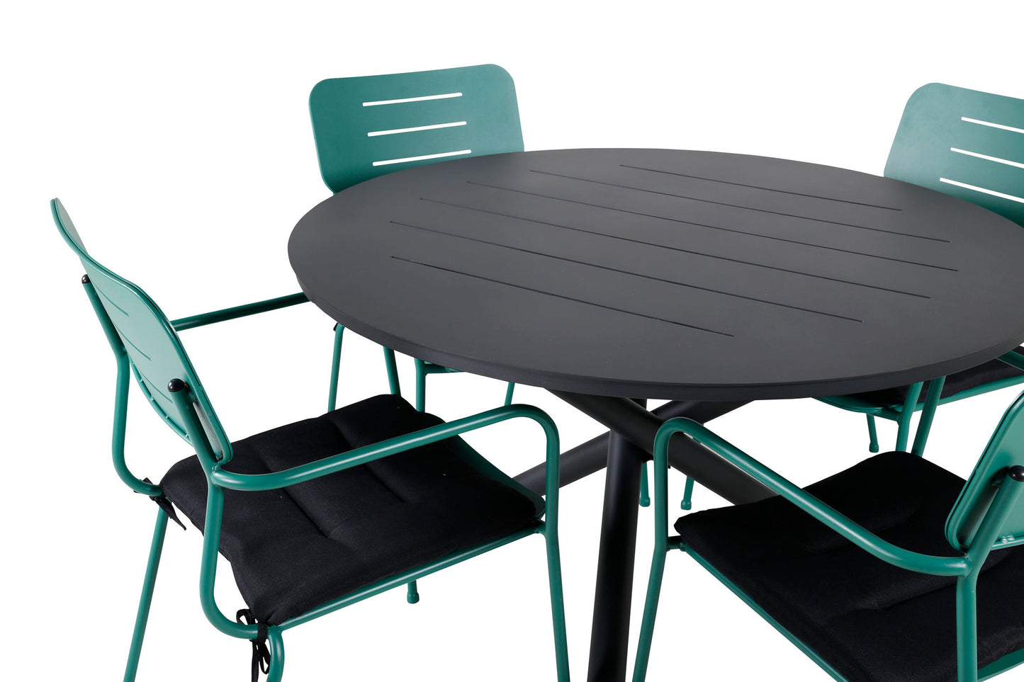 Alma - Spisebord, Sort Alu - ø120cm+Nicke stol m. armlæn - Grøn Stål