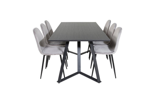 Maria - Spisebord, Sort top / Sorte ben + Polar Spisebordsstol - Sorte ben / Lysegrå velour (ersätter 19902-885)