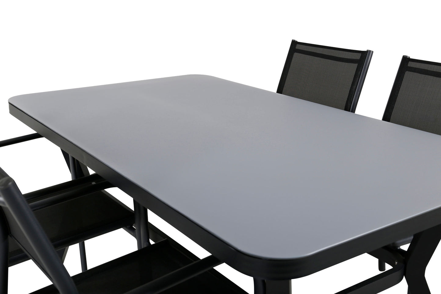 Virya - Spisebord, Sort Alu / Grå glas - small table+ Santorini Stol m. armlæn (Stabelbar) - Sort alu / Sort Tekstil