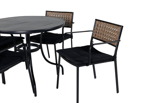 Nicke - Spisebord, Sort Stål - ø90cm+ Paola Spisebordsstol - Sort Stål / Natur flet / Sort hynde
