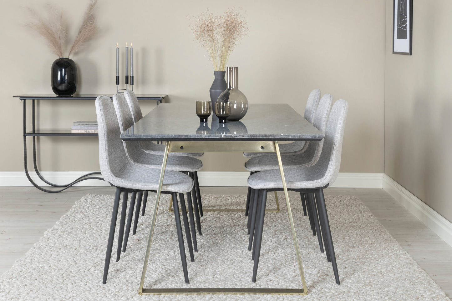 Estelle - Spisebord, 200*90*H76 - Grå / Messing+ Polar Diamond Spisebordsstol - Sorte ben - Gråt stof