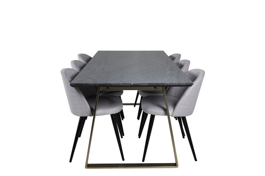 Estelle - Spisebord, 200*90*H76 - Grå / Messing+ velour Stol - Sorte ben - LysegråStof