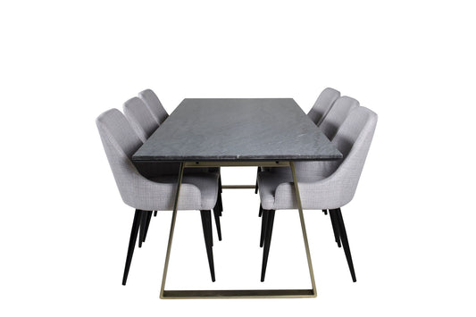 Estelle - Spisebord, 200*90*H76 - Grå / Messing+ Plaza stol - Sorte ben - Lysegråt stof
