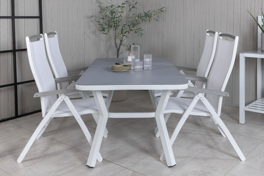 Virya - Spisebord, Hvid Alu / Grå glas - small table+Albany 5:pos Stol - Hvid Aluminium/hvid tekstil/aittræ