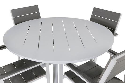 Alma - Spisebord, Hvid Alu - ø120cm+Levels Stol (stabelbar) - Hvid Alu / Grå Nonwood