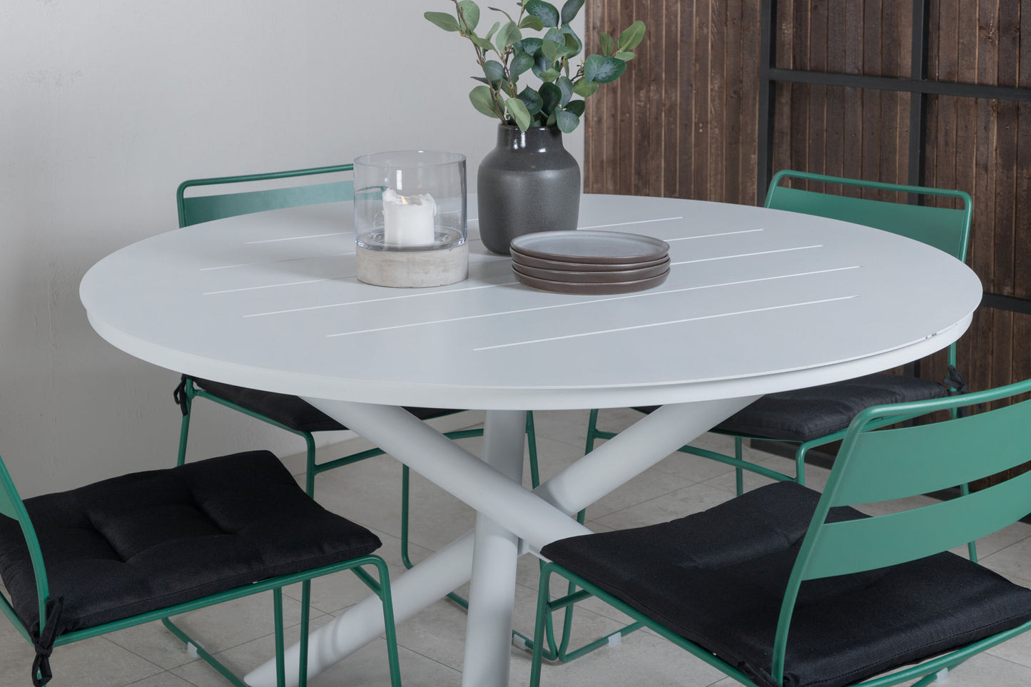 Alma - Spisebord, Hvid Alu - ø120cm+Lia Spisebordsstol - Grøn