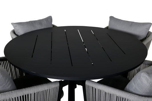 Alma - Spisebord, Sort Alu - ø120cm+Virya Spisebordsstol - Sort Alu / Grå pude