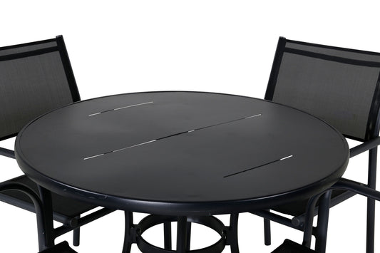 Nicke - Spisebord, Sort Stål - ø90cm+ Santorini Stol m. armlæn (Stabelbar) - Sort alu / Sort Tekstil